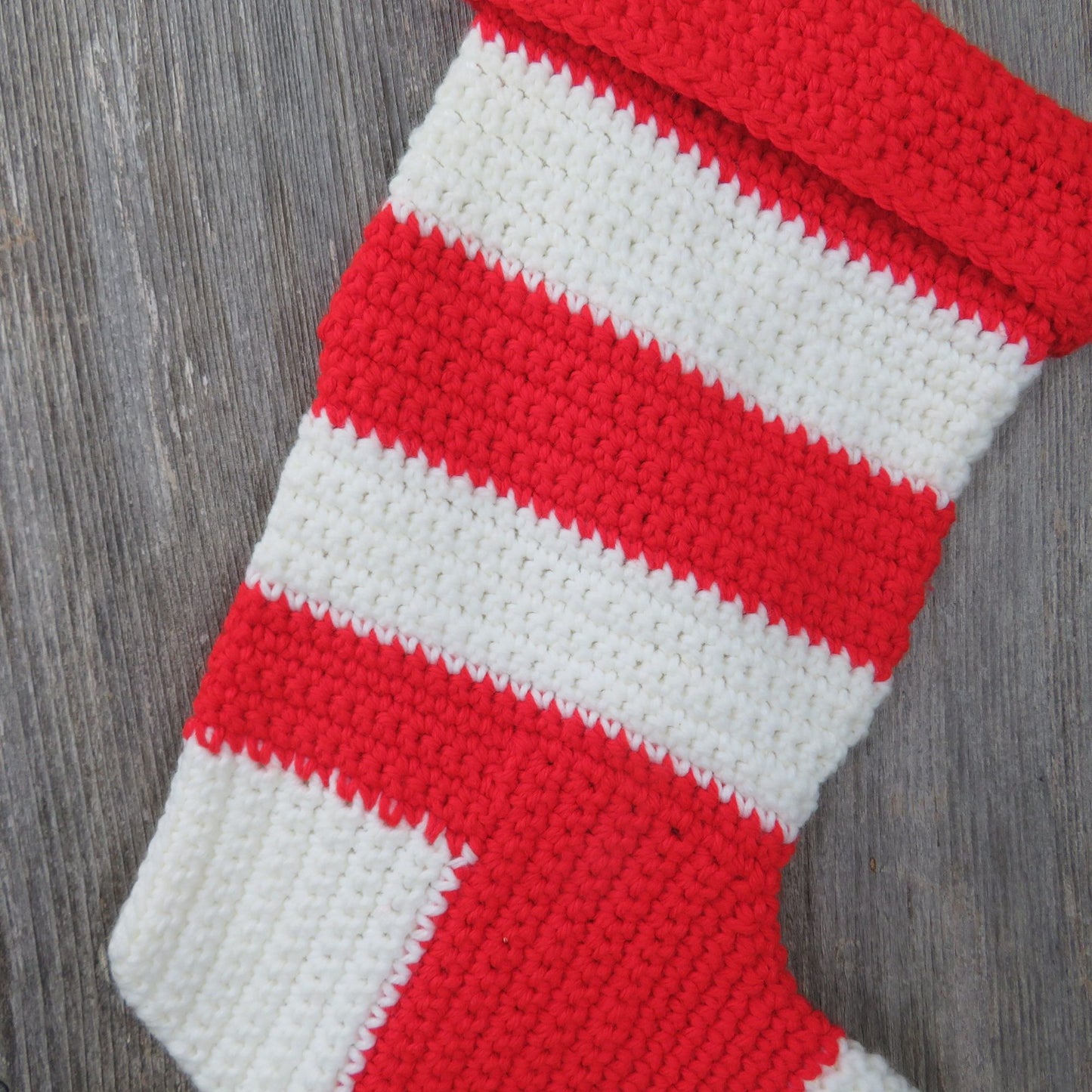 Crochet Christmas Stocking Red White Striped Vintage Handmade