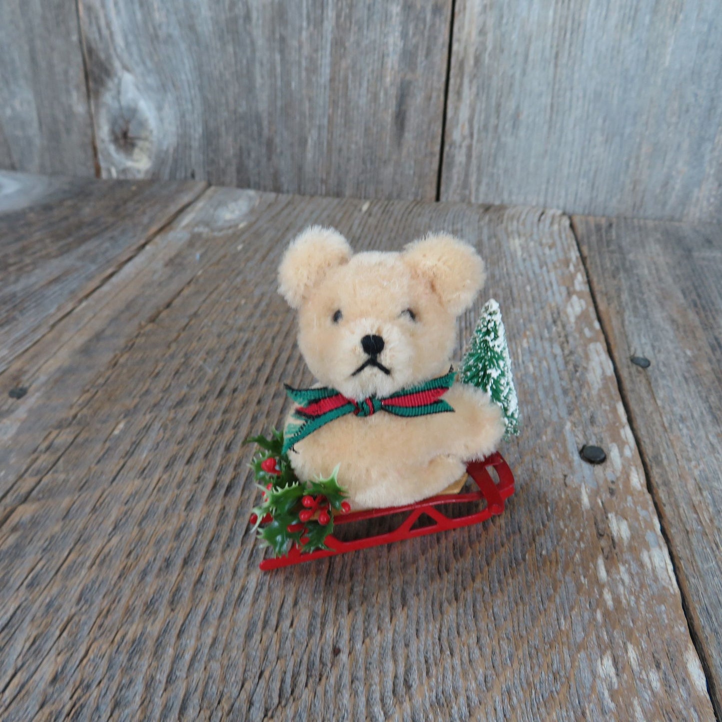 Teddy Bear on Red Metal Sled Christmas Tree Holly Figurine Decoration Taiwan