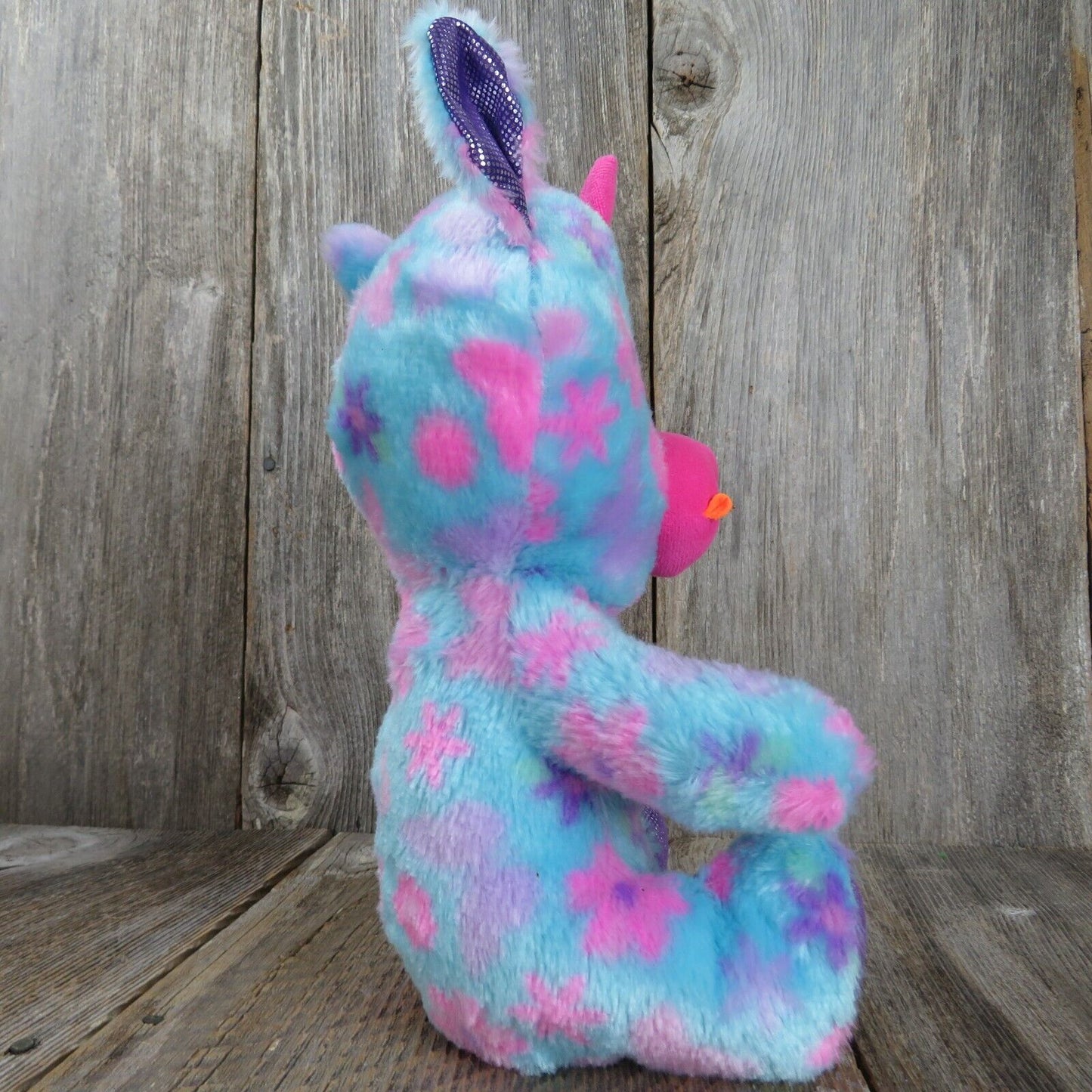 Blue Unicorn Stuffed Animal World Plush Pink Flowers Purple Feet Sewn Eyes