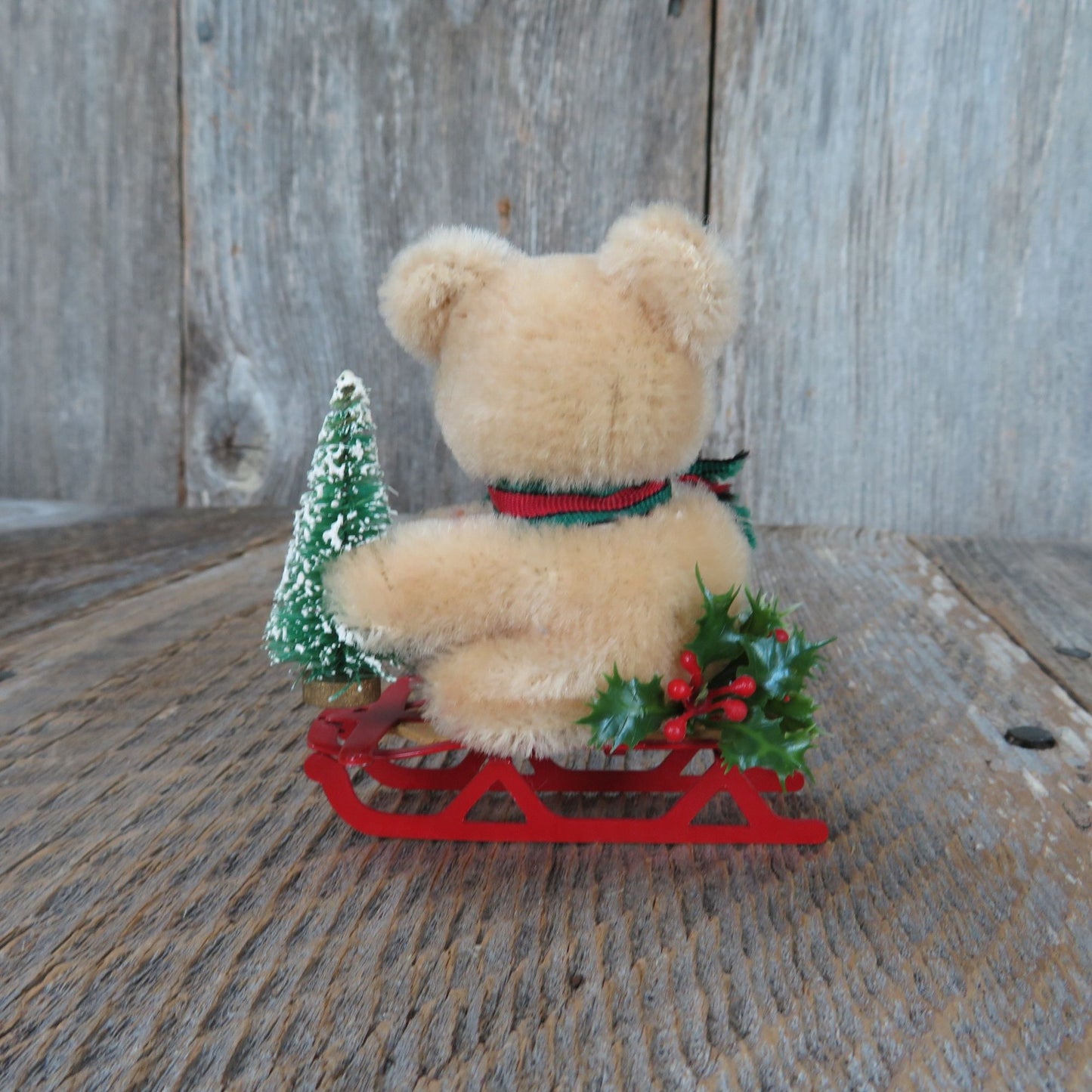 Teddy Bear on Red Metal Sled Christmas Tree Holly Figurine Decoration Taiwan