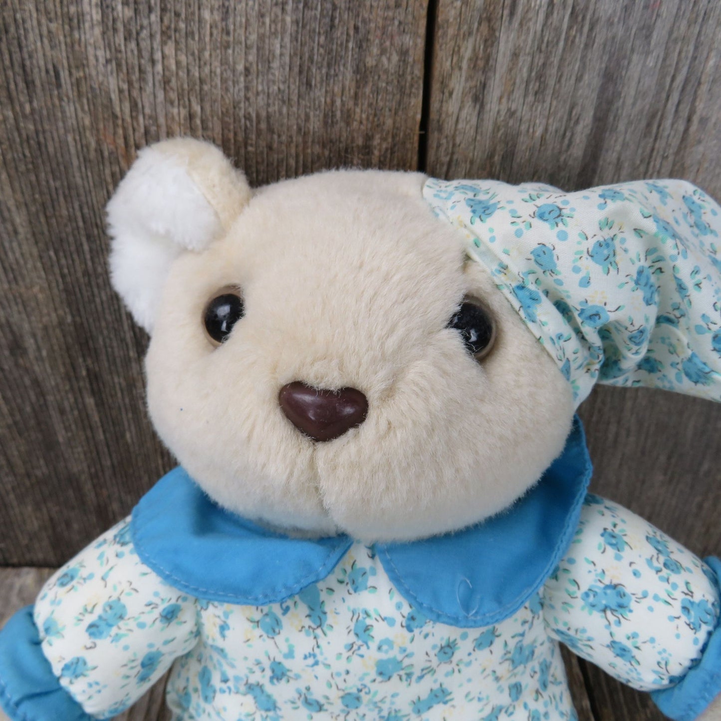 Teddy Bear Plush in Pajamas Tan Blue Flowers Nightcap Brown Plastic Nose Stuffed Animal