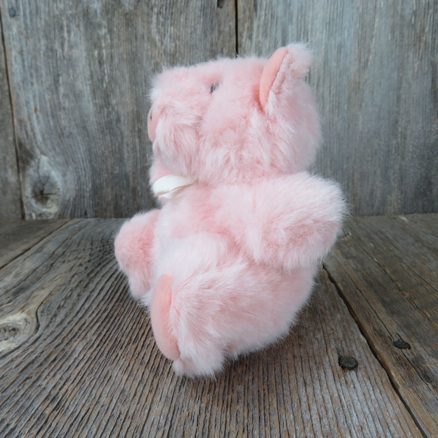 Pink Pig Plush Small Fluffy Bow Stuffed Animal Pink Vintage Hog