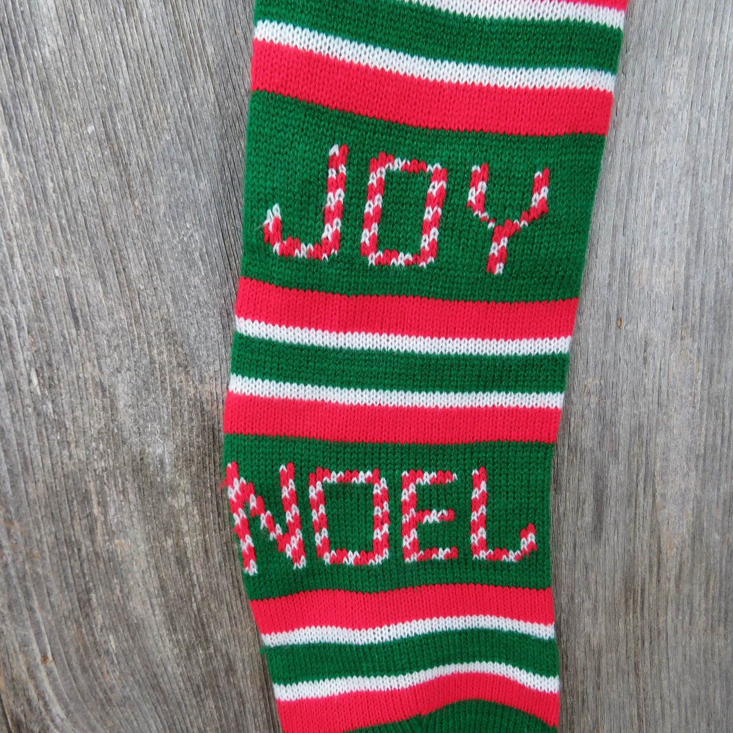 Joy Noel Striped Knit Stocking Vintage Christmas Red Green Pom Pom
