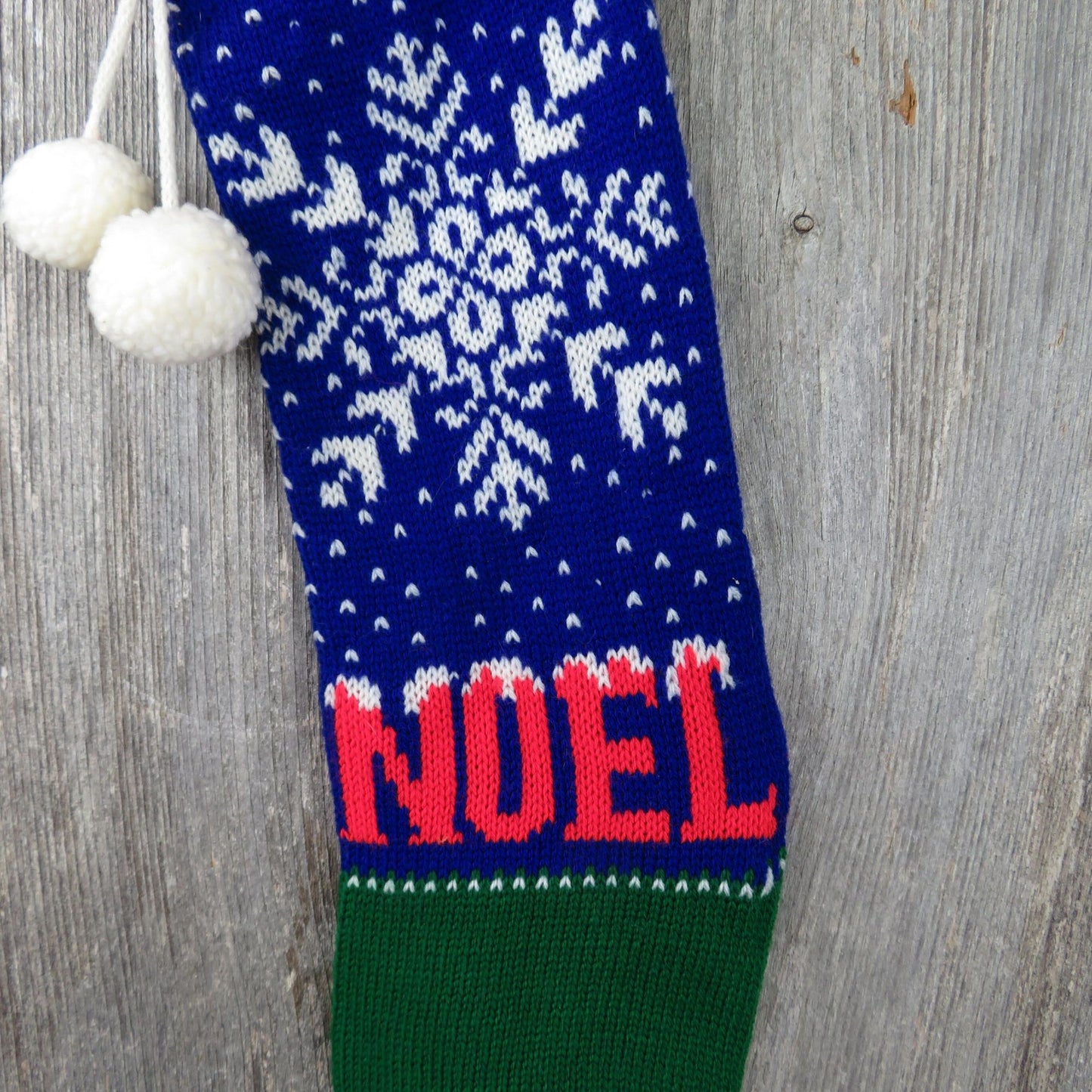 Vintage Noel Snowflake Knit Stocking Christmas Trees Blue Red Green Pom Pom