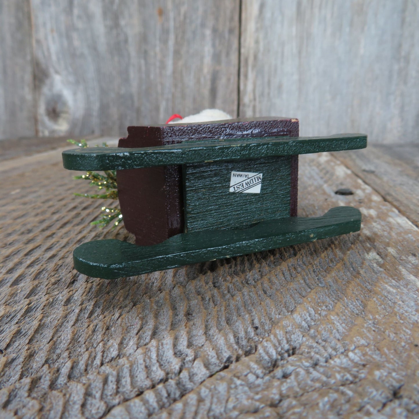 Mohair Lamb on Green Wooden Sled Figurine Christmas Sheep Midwest Cannon Falls Holly