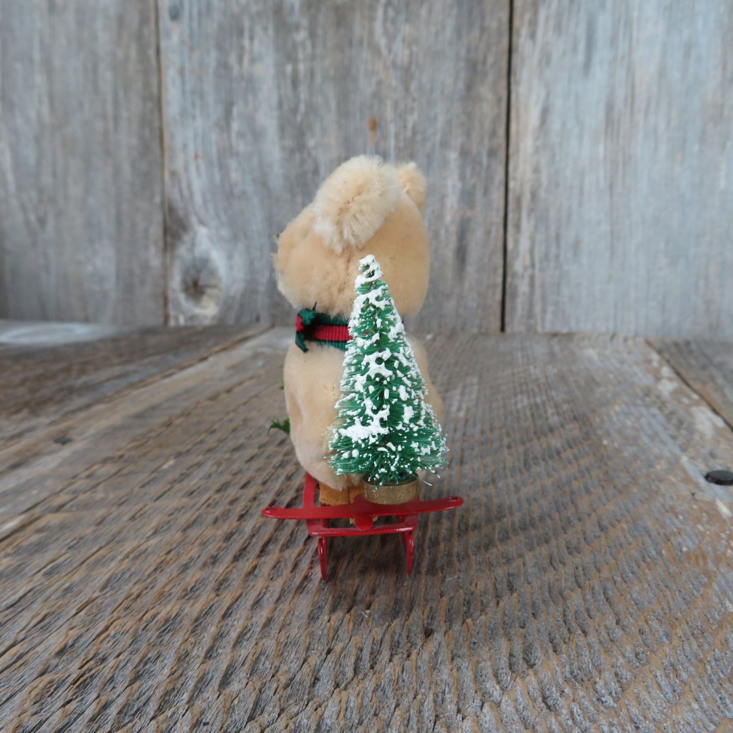 Teddy Bear on Red Metal Sled Christmas Tree Holly Figurine Decoration Taiwan