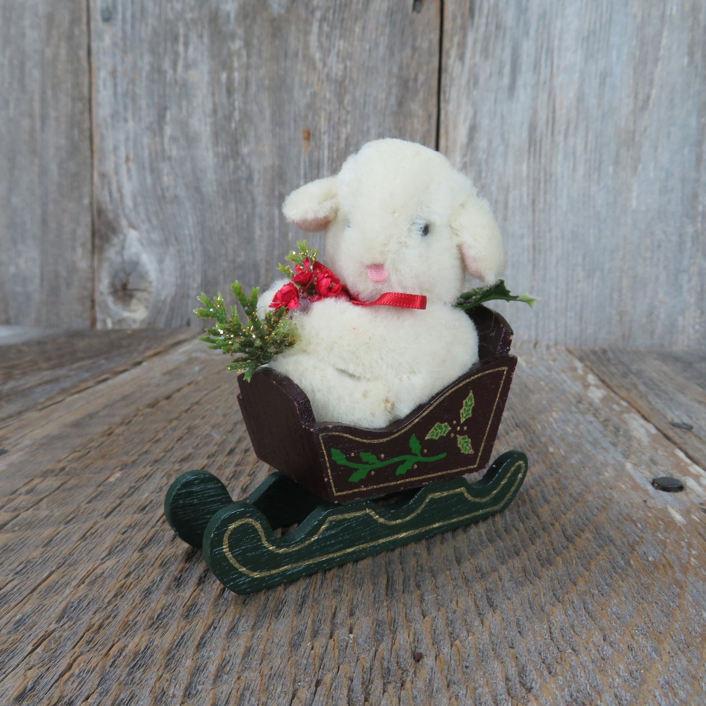 Mohair Lamb on Green Wooden Sled Figurine Christmas Sheep Midwest Cannon Falls Holly