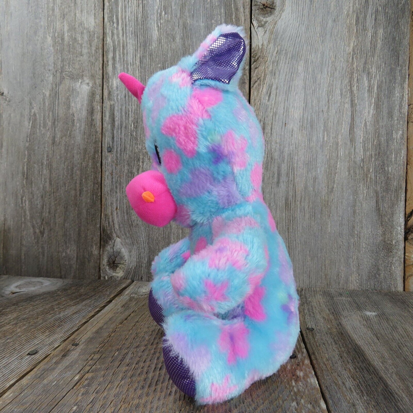 Blue Unicorn Stuffed Animal World Plush Pink Flowers Purple Feet Sewn Eyes