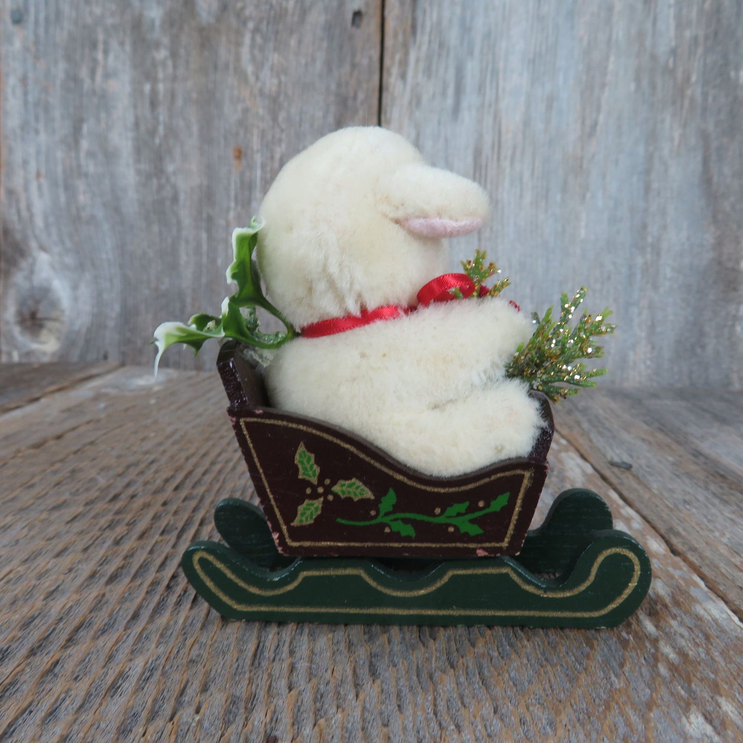 Mohair Lamb on Green Wooden Sled Figurine Christmas Sheep Midwest Cannon Falls Holly