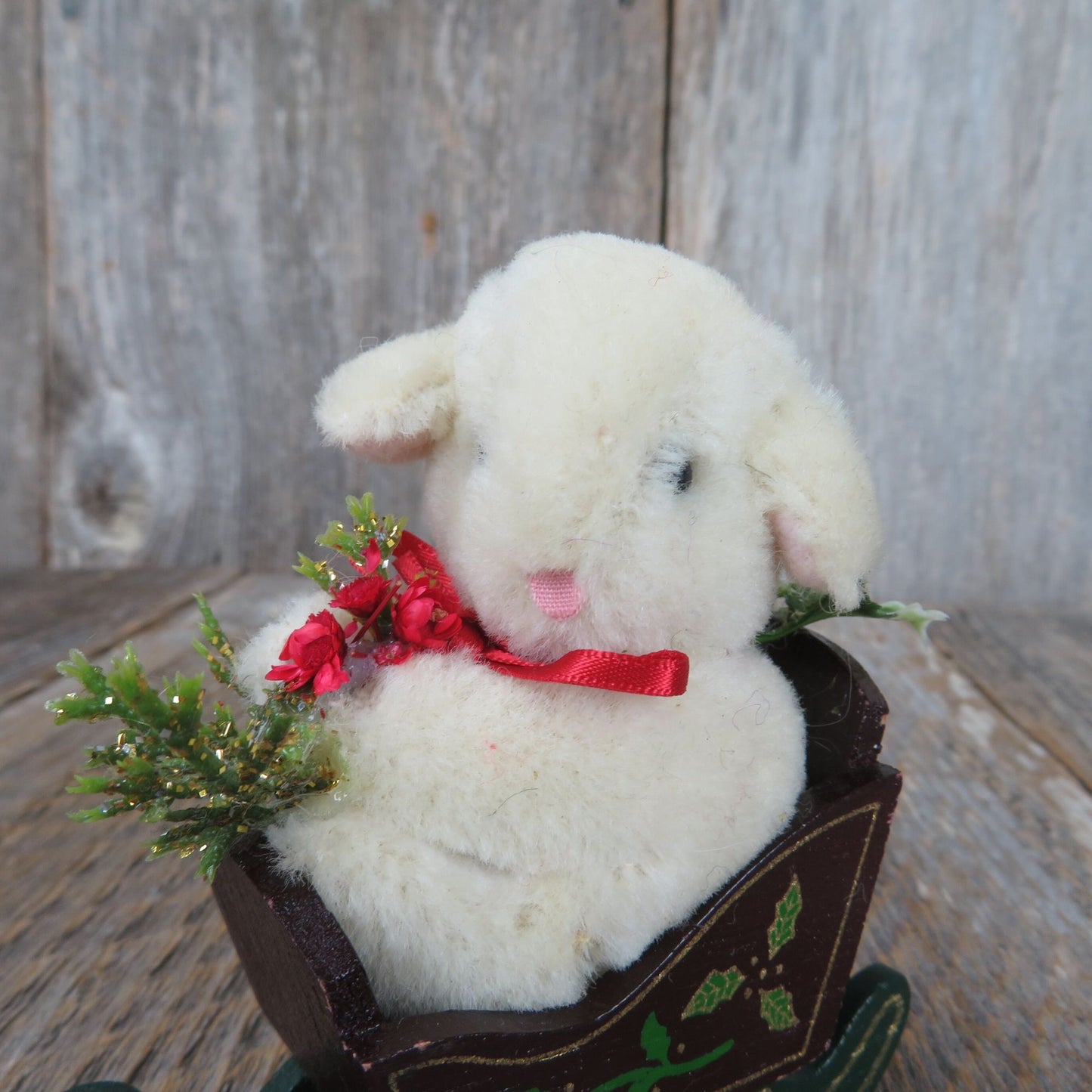 Mohair Lamb on Green Wooden Sled Figurine Christmas Sheep Midwest Cannon Falls Holly