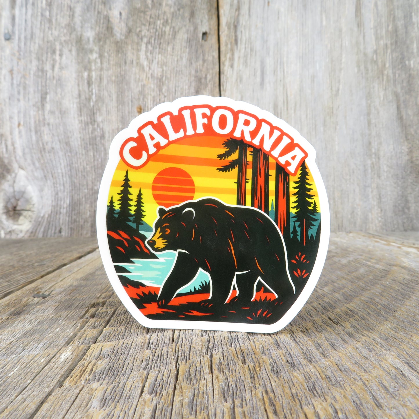 Bear in Redwood Forest California Sticker Lake Retro Look Souvenir Travel Sticker