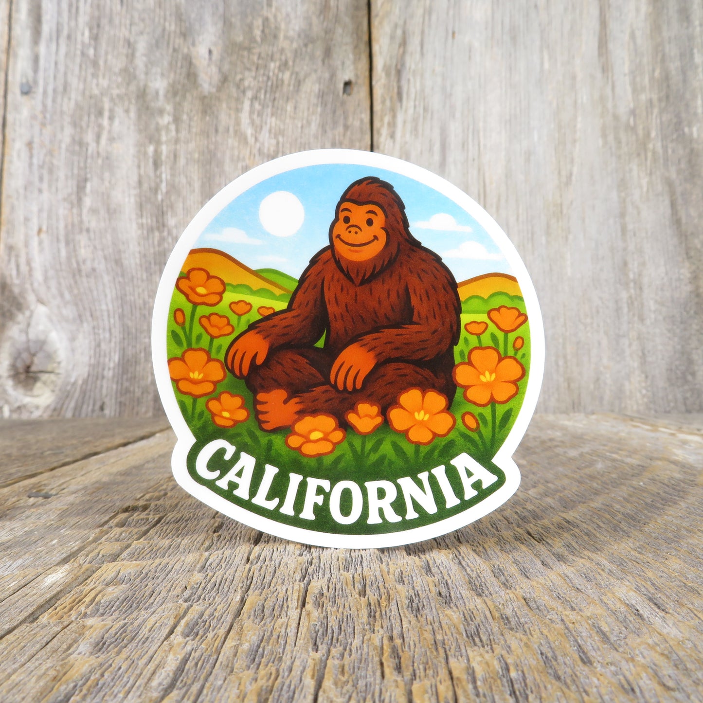 Bigfoot Sitting in Poppies California Sticker Cute Vintage Looking Travel Souvenir Sticker
