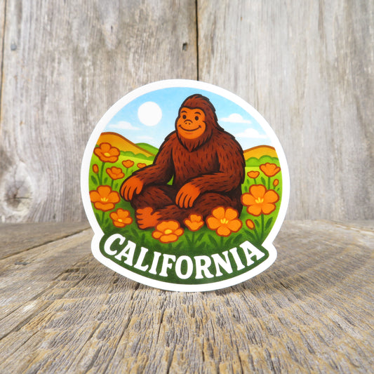 Bigfoot Sitting in Poppies California Sticker Cute Vintage Looking Travel Souvenir Sticker
