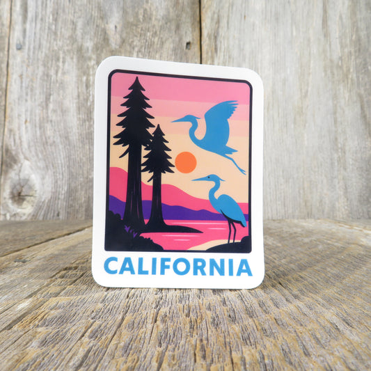 California Redwoods Blue Heron Sticker Retro Pink Teal Coast Souvenir Sticker