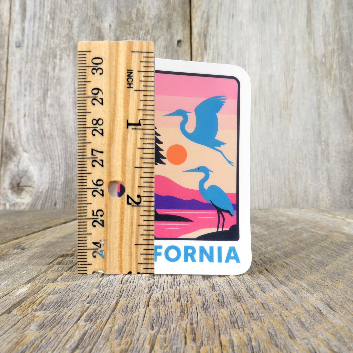 California Redwoods Blue Heron Sticker Retro Pink Teal Coast Souvenir Sticker