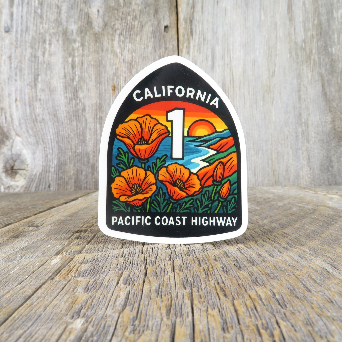 California Highway 1 Sign Sticker Pacific Coast HWY Poppies Retro Sunset Souvenir Travel