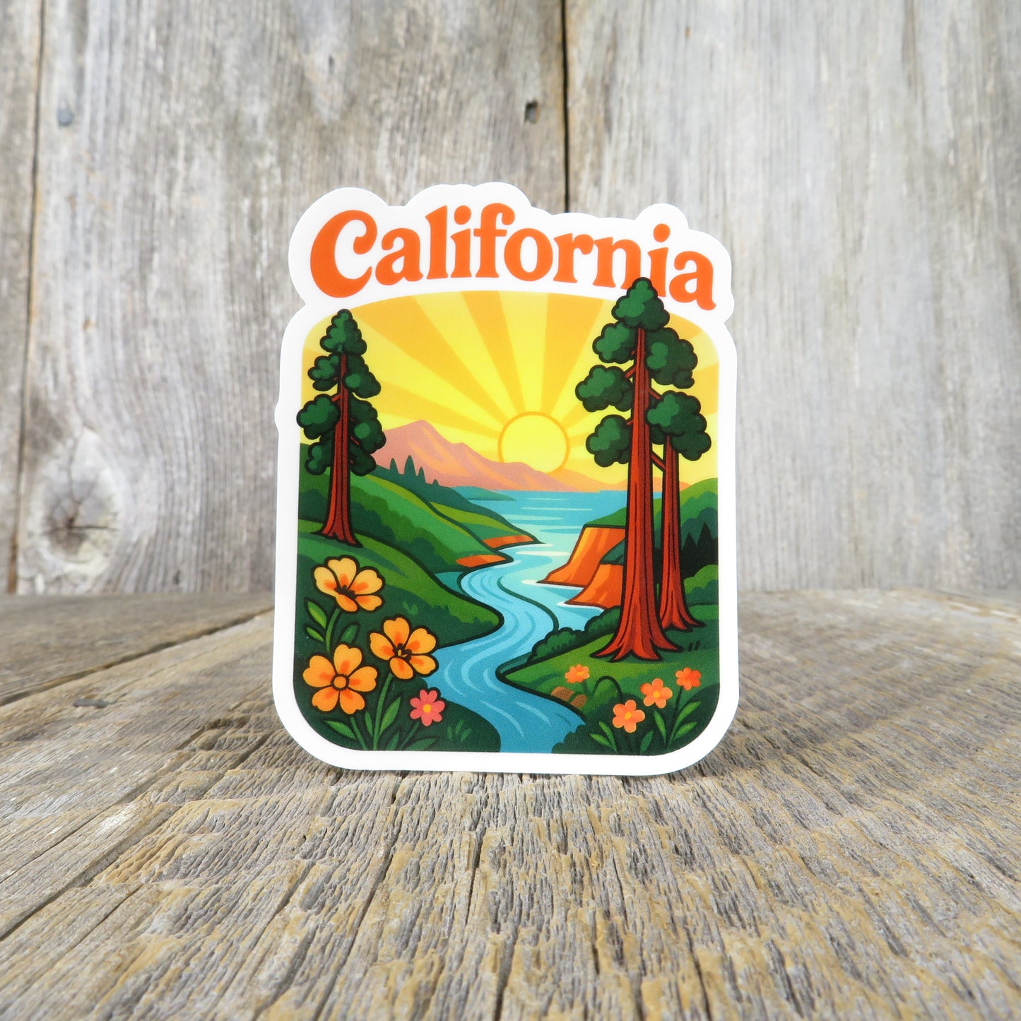 California Redwood Trees River Lake Scene Sticker Souvenir Travel Sticker