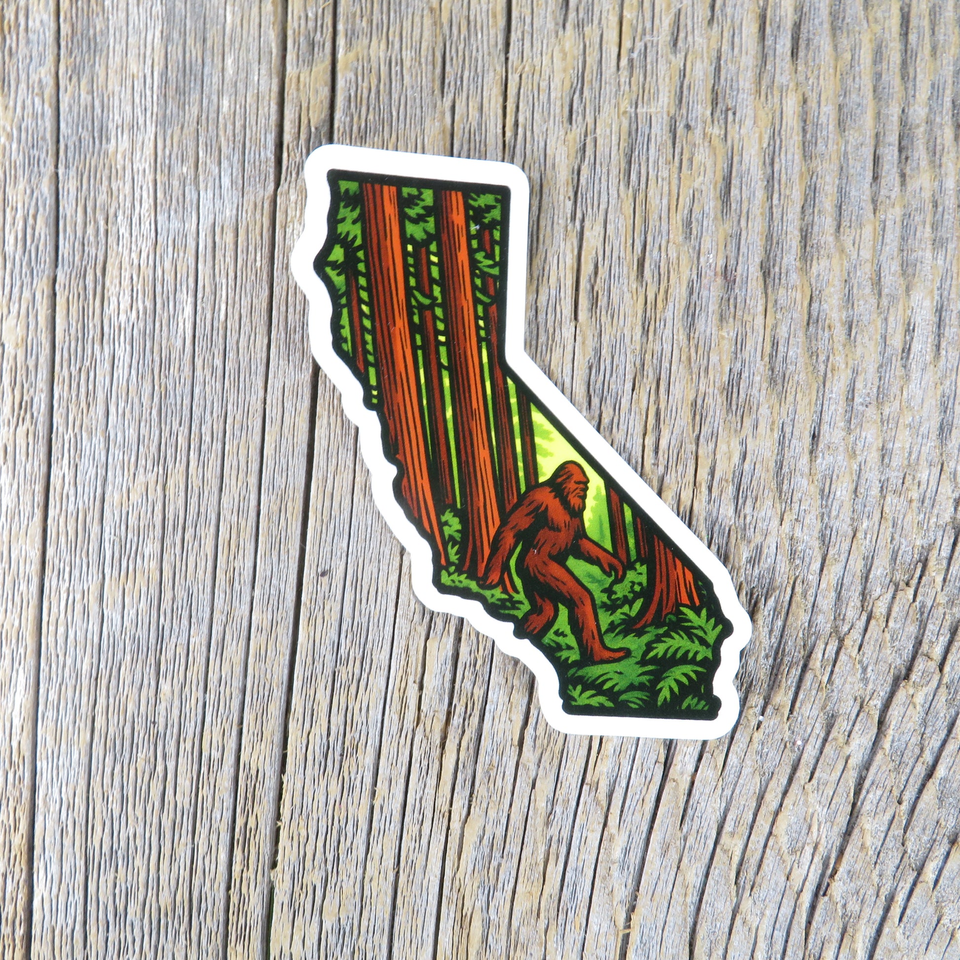 California State Shaped Sticker Redwood Trees and Bigfoot Souvenir - At Grandma's Table