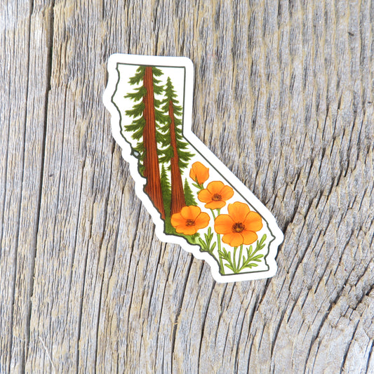 California State Shaped Sticker Redwood Trees and Poppies State Flower