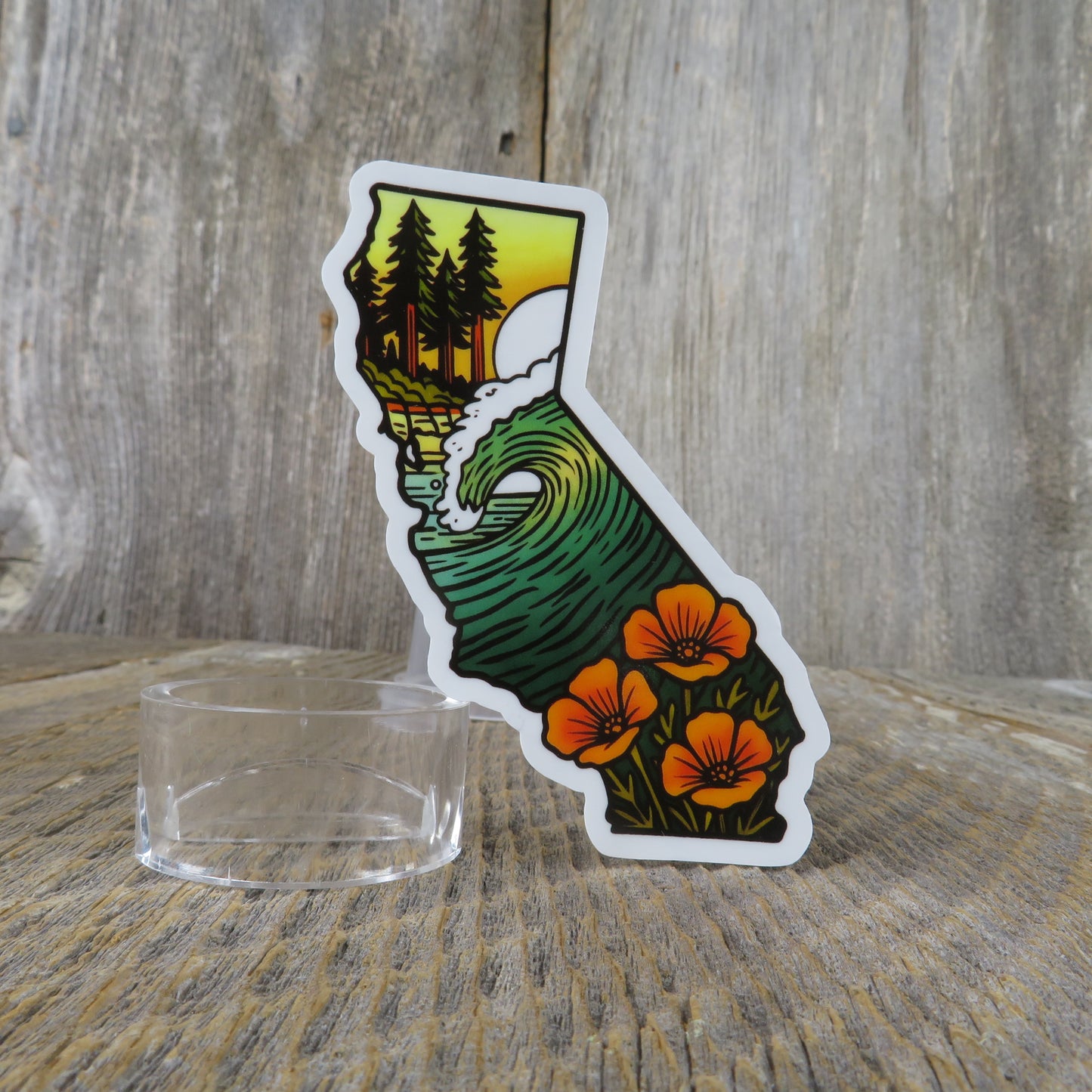 California State Shaped Sticker Redwood Trees Coastal Waves Poppy State Flower