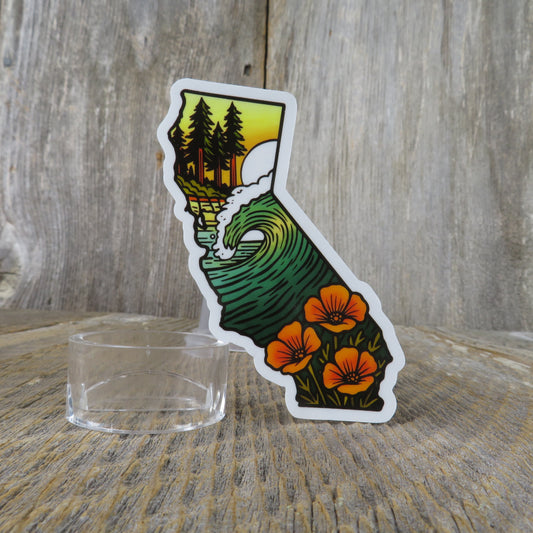 California State Shaped Sticker Redwood Trees Coastal Waves Poppy State Flower