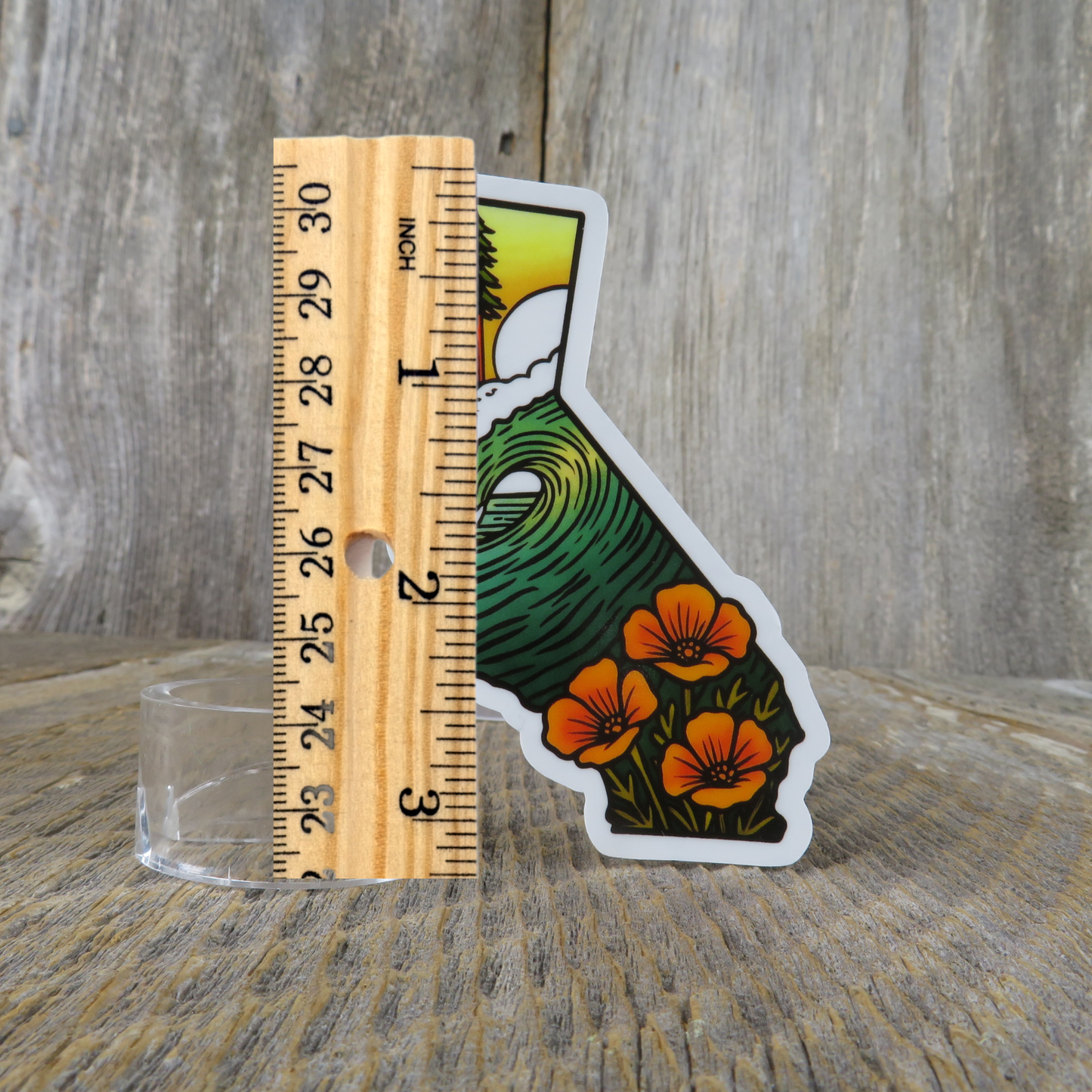 California State Shaped Sticker Redwood Trees Coastal Waves Poppy State Flower