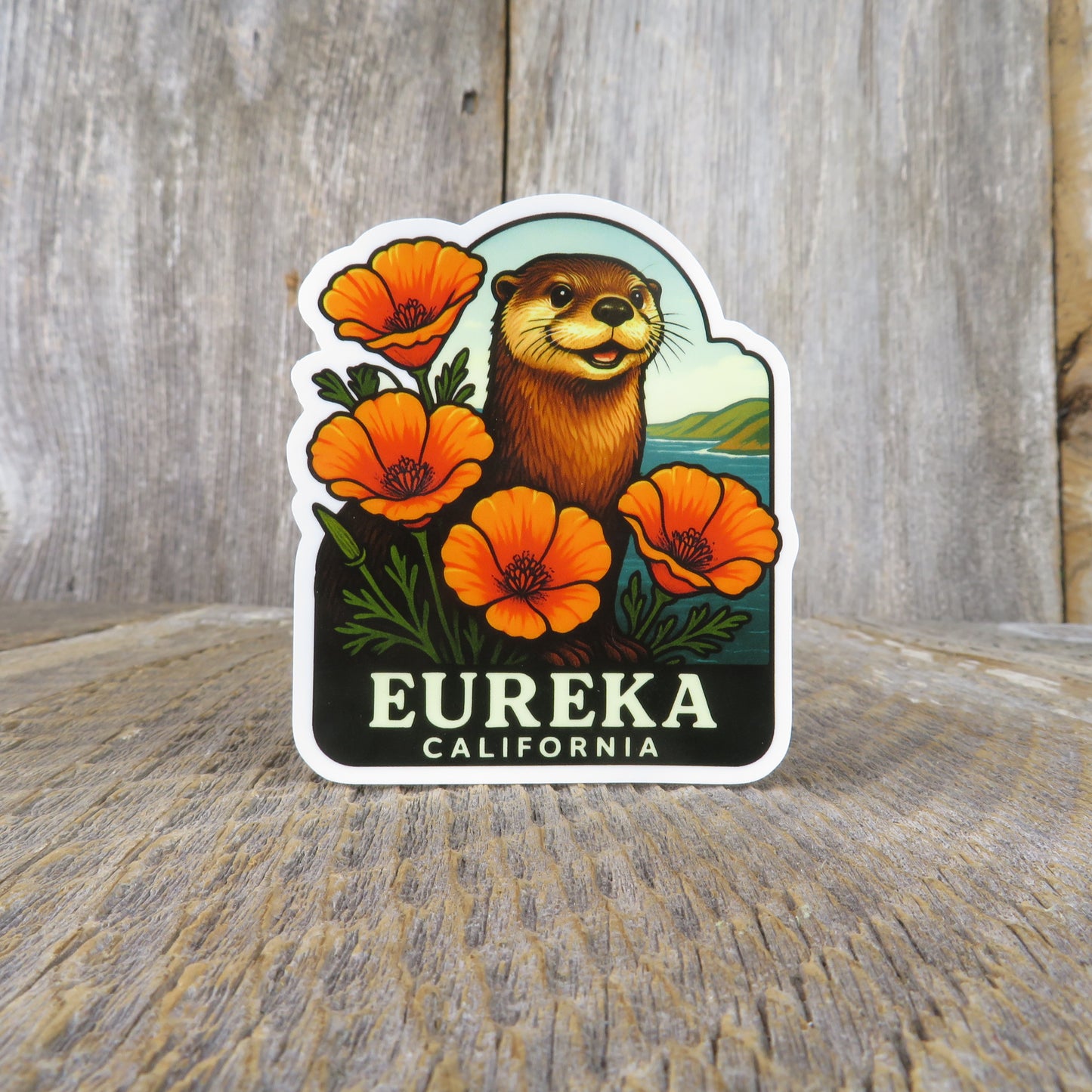 Eureka California Smiling Otter Sticker Poppies Souvenir Travel Sticker