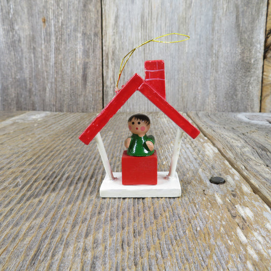 Vintage Wood Red House Ornament Boy on Block Roof and Chimney Christmas