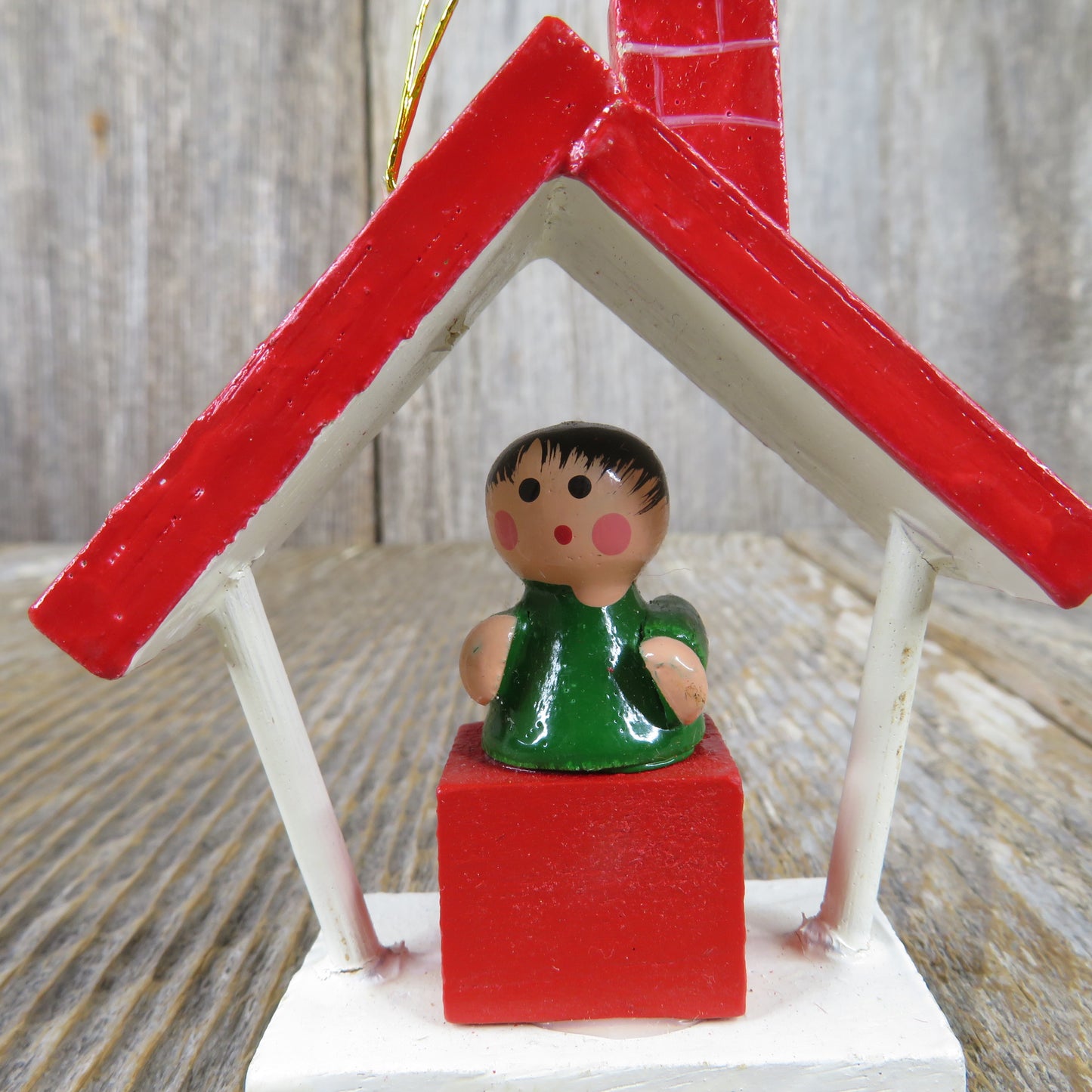 Vintage Wood Red House Ornament Boy on Block Roof and Chimney Christmas