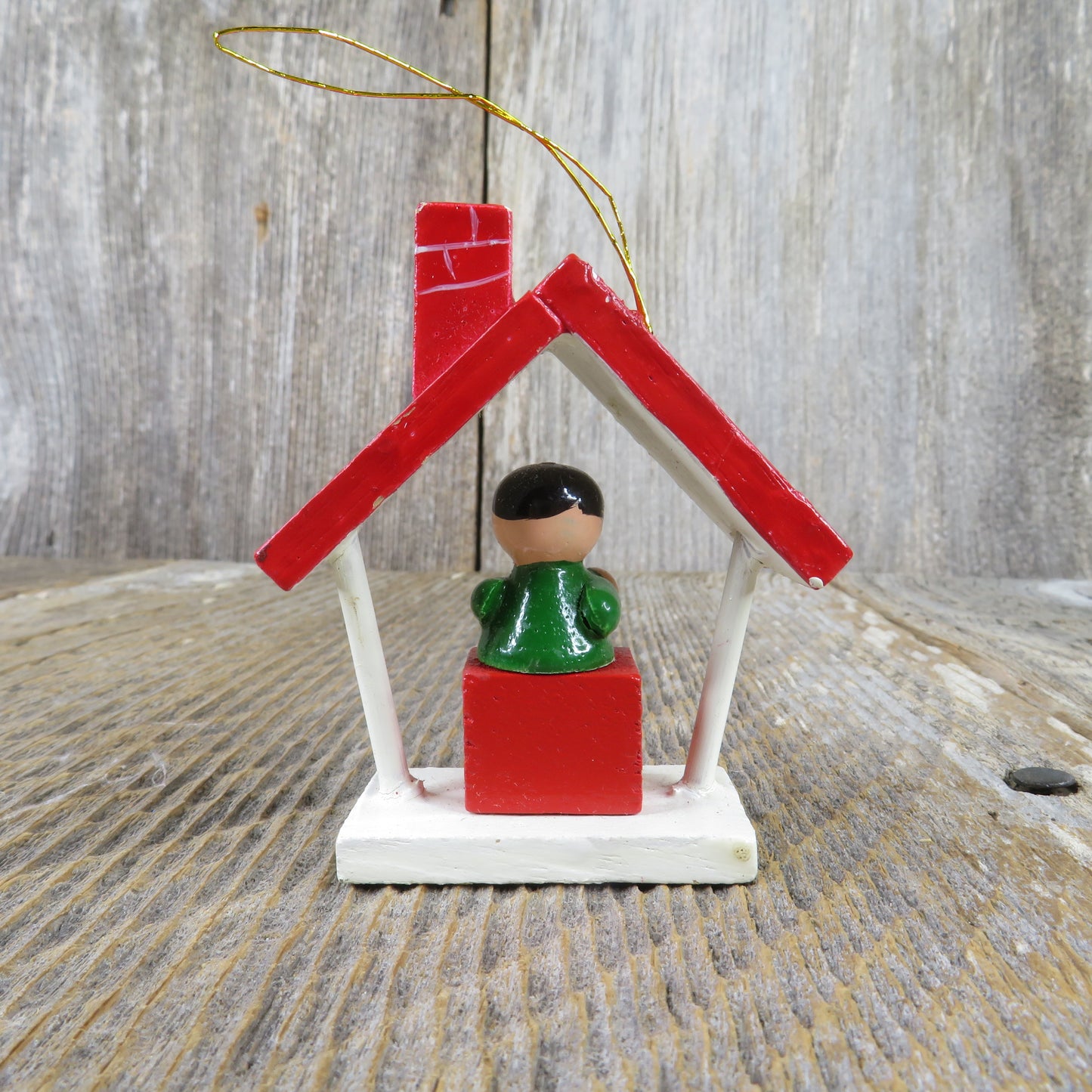 Vintage Wood Red House Ornament Boy on Block Roof and Chimney Christmas