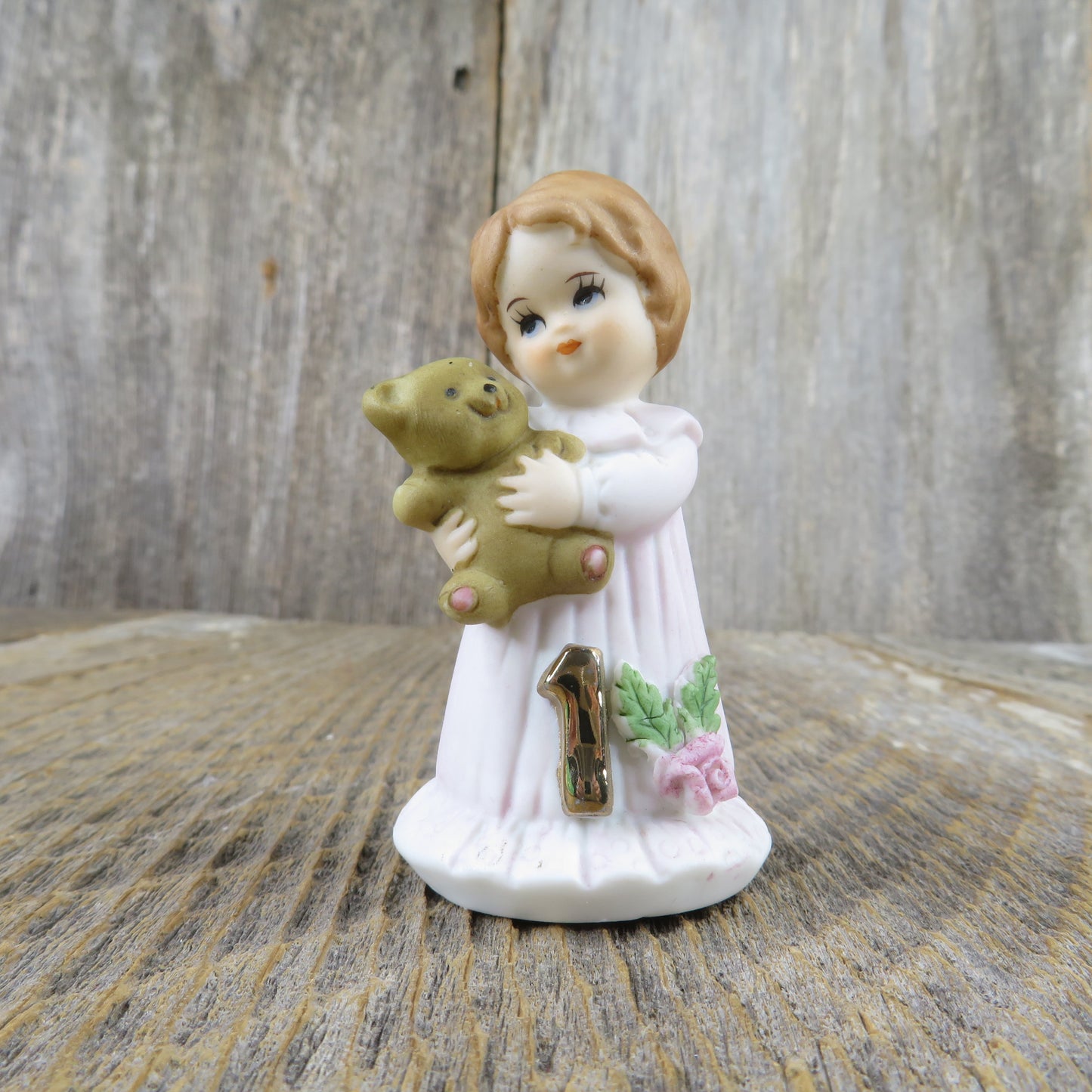 Growing Up Birthday Girl Enesco Figurine 1st Year Cake Topper 1982 Child One Year Teddy Bear