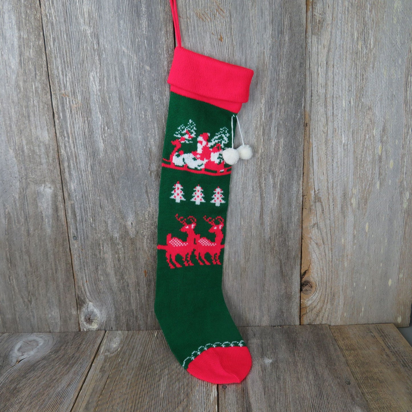 Reindeer And Sleigh Knit Stocking Santa Christmas Knitted White Red Green 1980s