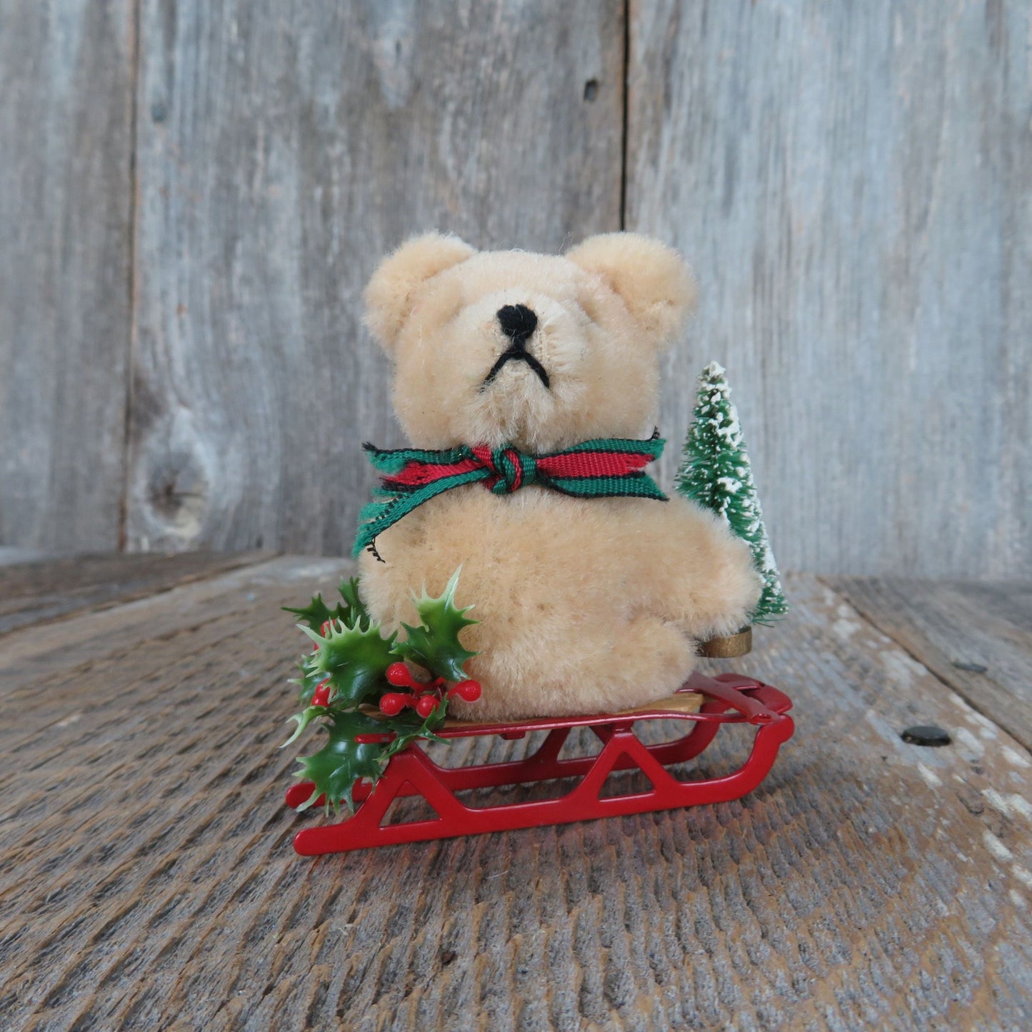 Teddy Bear on Red Metal Sled Christmas Tree Holly Figurine Decoration Taiwan