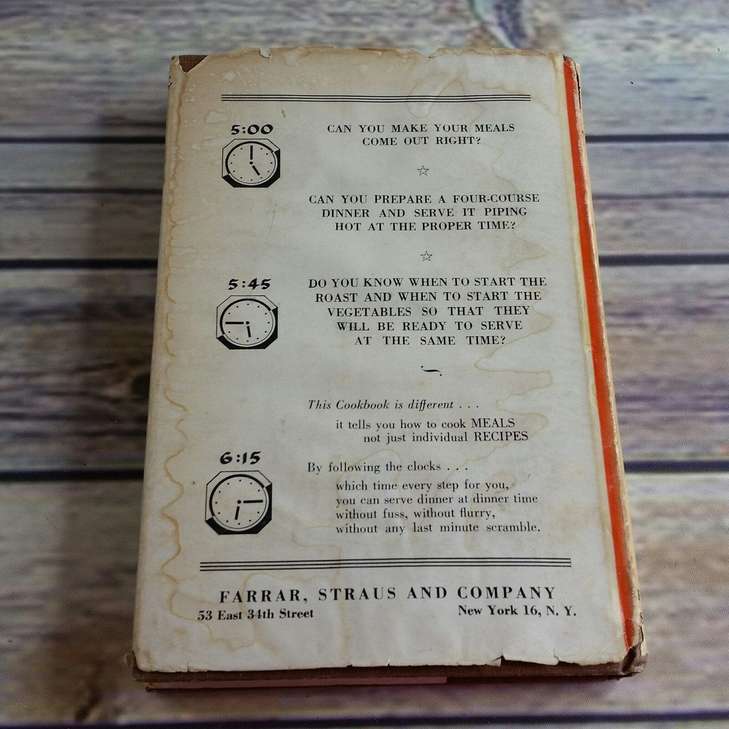 Vintage Cookbook Cooking by the Clock Step by Step Preparation of Meals Jean and Clarke Mattimore  1948 Hardcover Recipes NO Dust Jacket