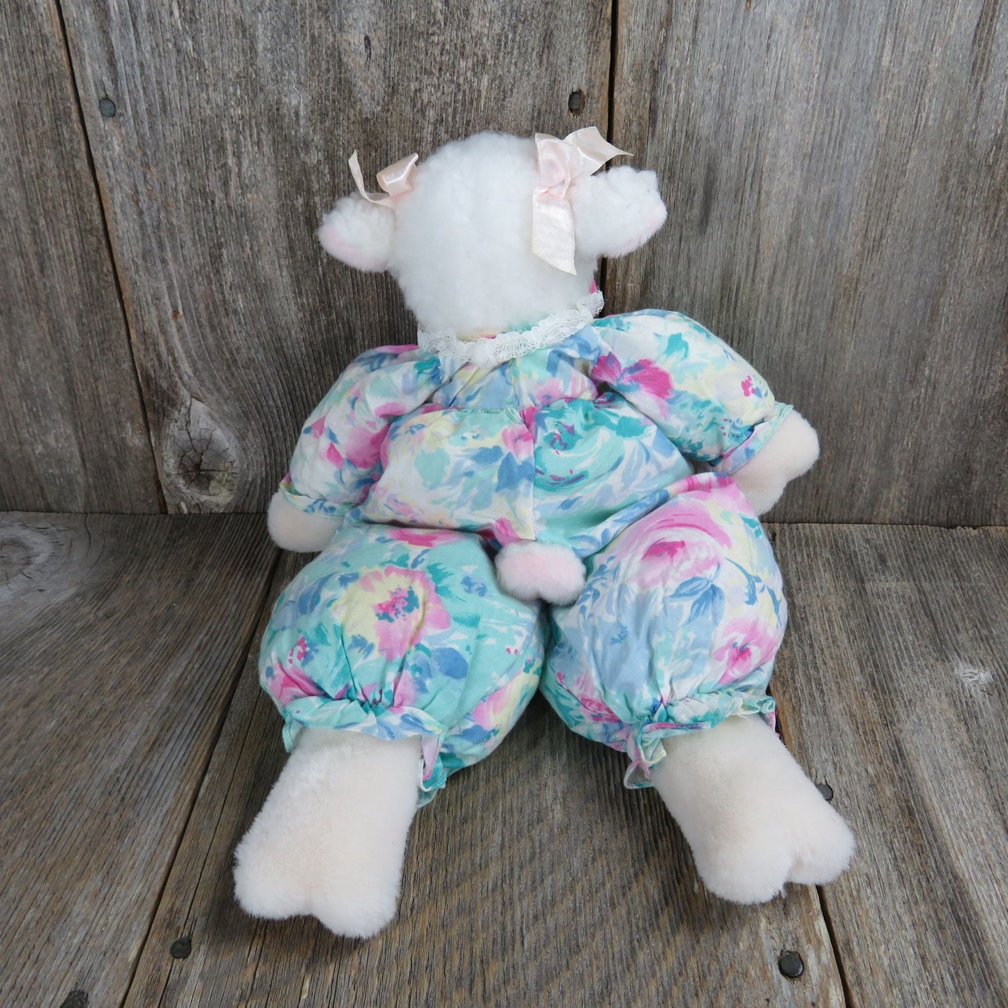 Lamb Sheep Plush Floral Fabric Body Blue and Pink Stuffed Animal PCI 1992 Easter