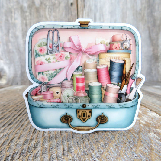 Sewing Box Sticker Green Travel Train Case Vintage Pink Flowers Quilters Thread #S2625