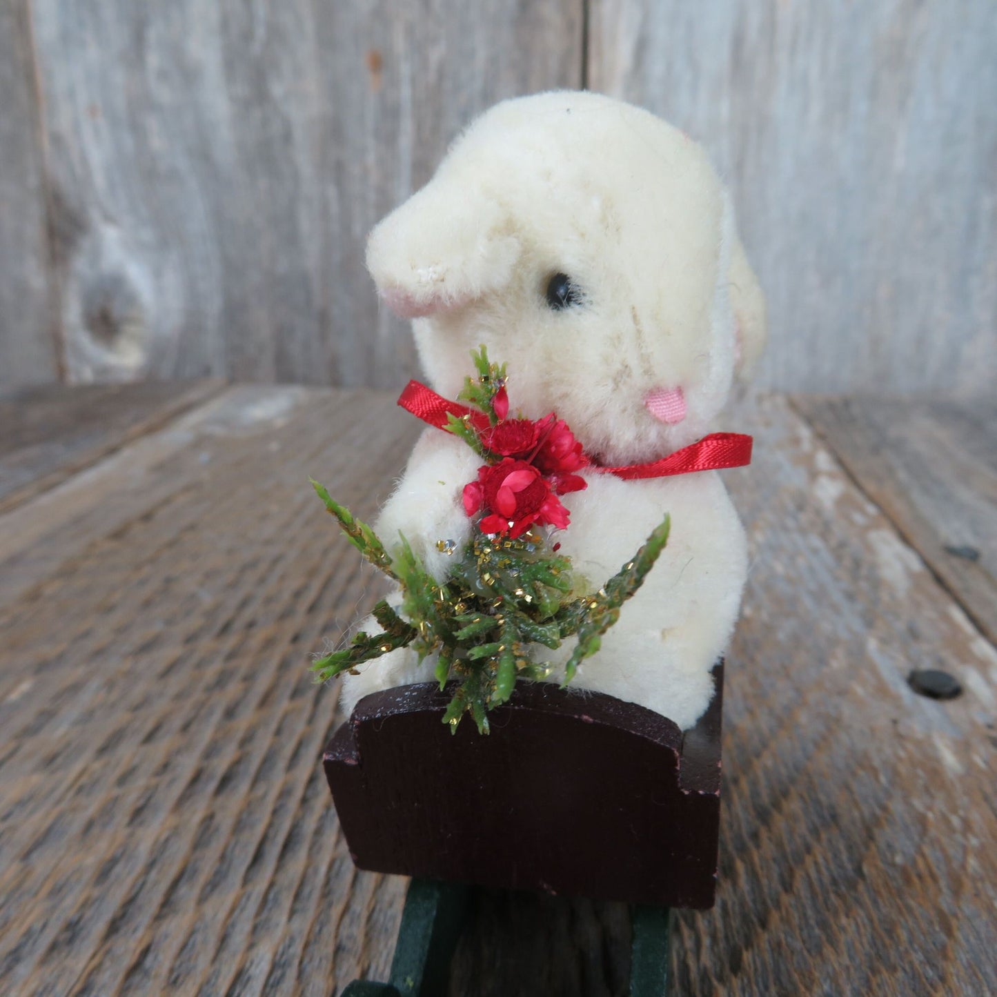 Mohair Lamb on Green Wooden Sled Figurine Christmas Sheep Midwest Cannon Falls Holly