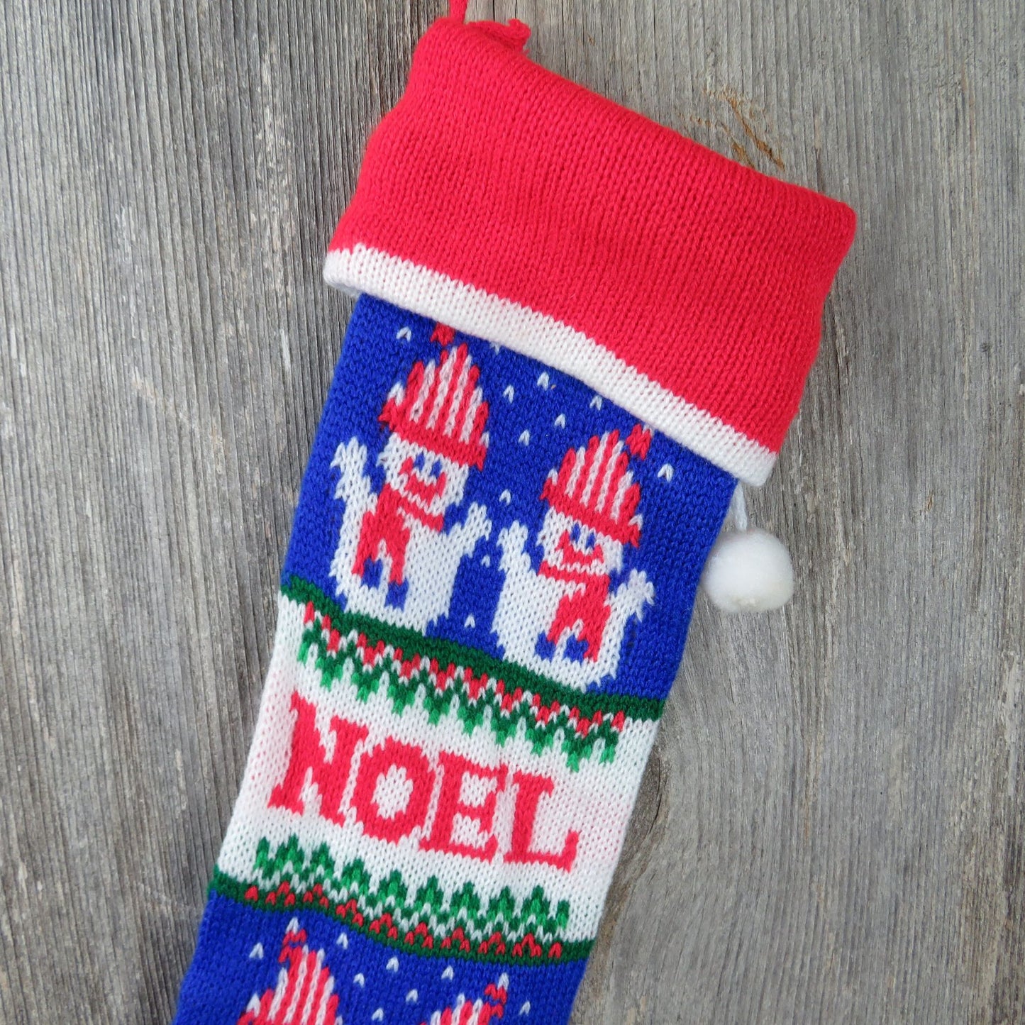 Vintage Snowman Noel Knit Stocking Christmas Trees Blue Red Green Pom Pom