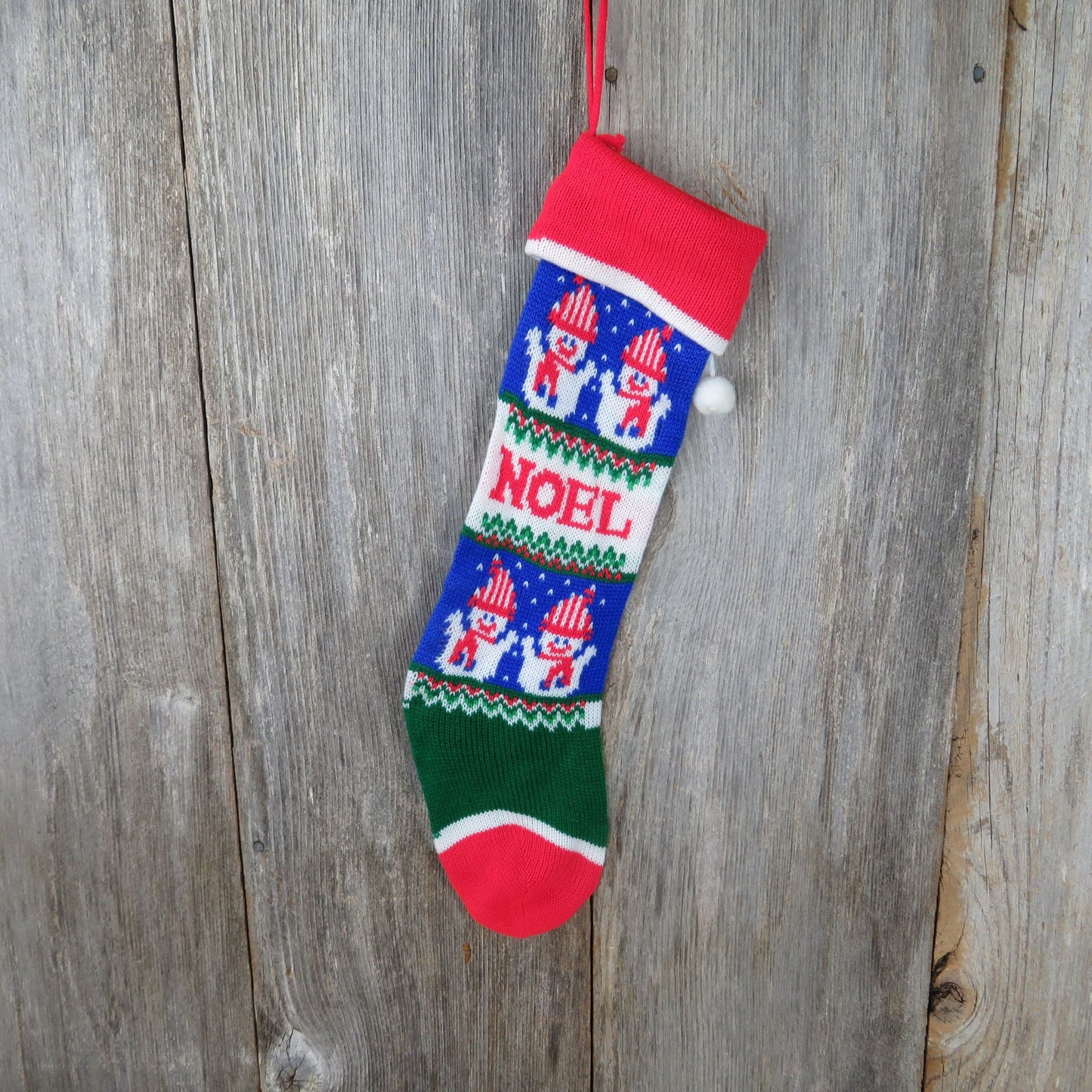 Vintage Snowman Noel Knit Stocking Christmas Trees Blue Red Green Pom Pom