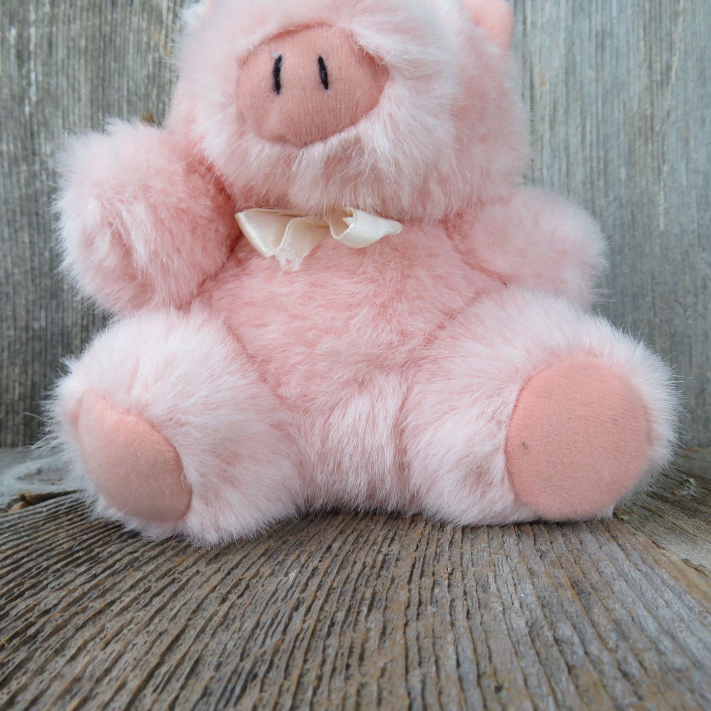 Pink Pig Plush Small Fluffy Bow Stuffed Animal Pink Vintage Hog