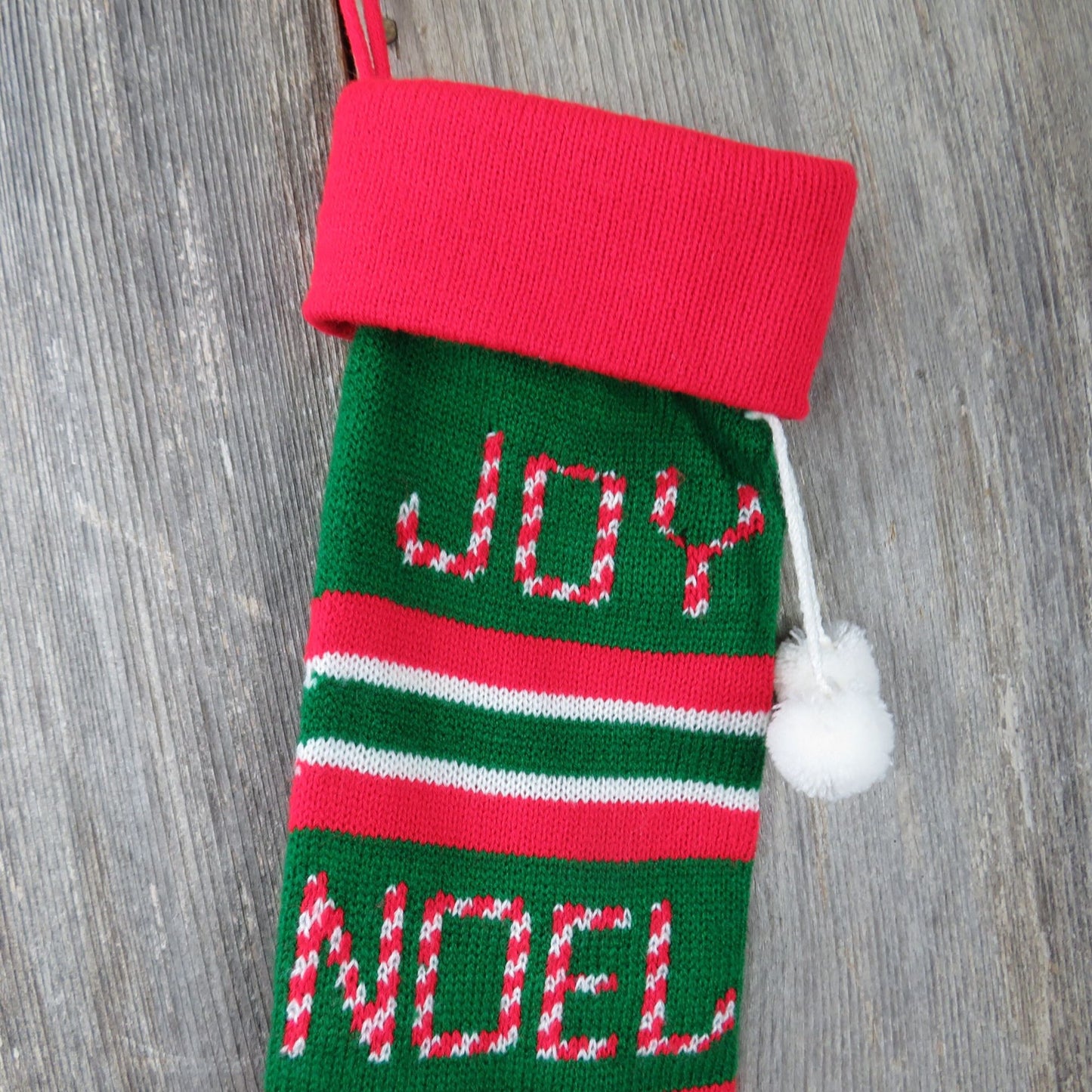 Joy Noel Striped Knit Stocking Vintage Christmas Red Green Pom Pom