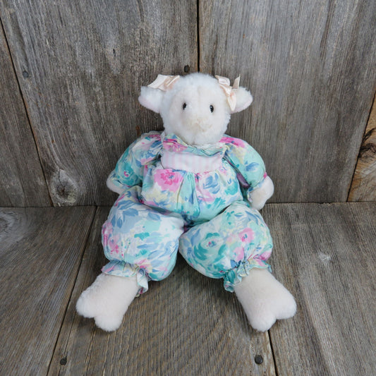 Lamb Sheep Plush Floral Fabric Body Blue and Pink Stuffed Animal PCI 1992 Easter