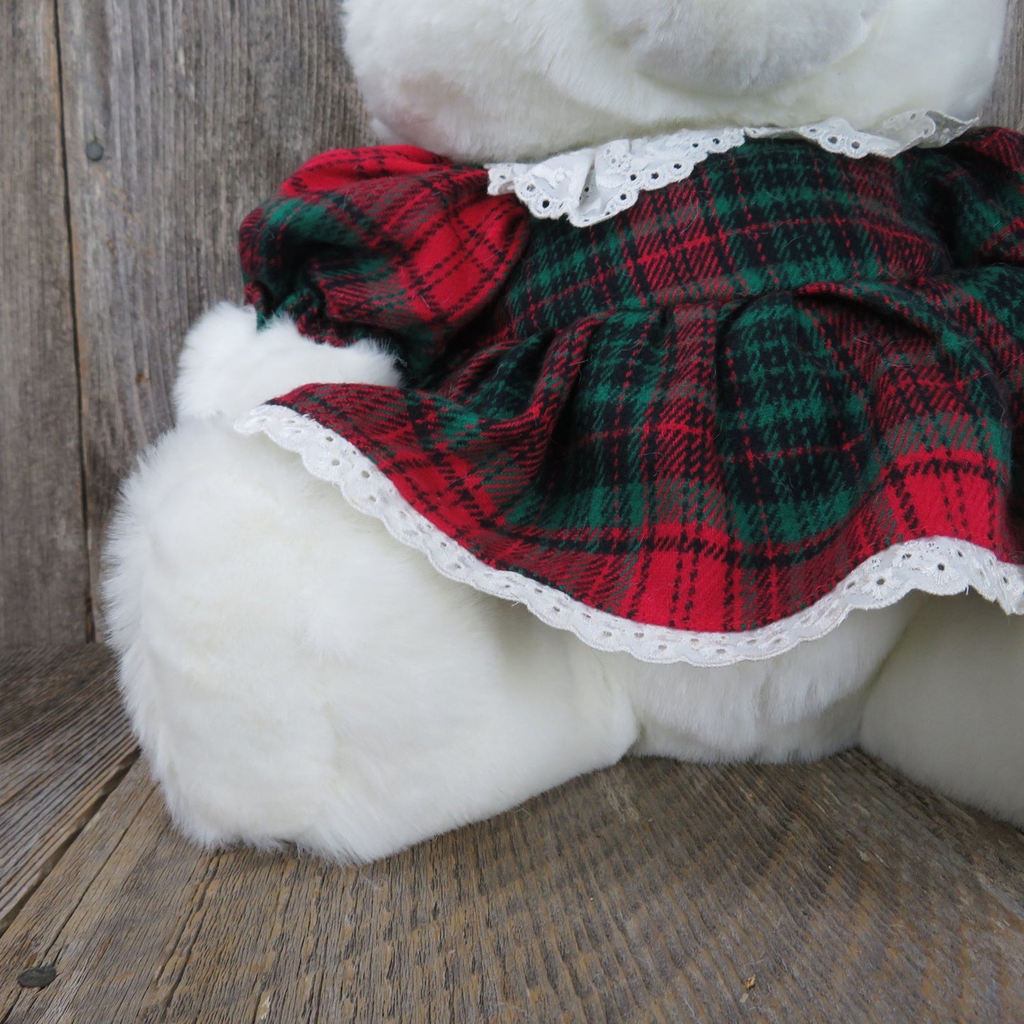 White Christmas Bear Plush Jingle Bear Plaid Red and Green Dress Stuffed Animal Emporium Capwell
