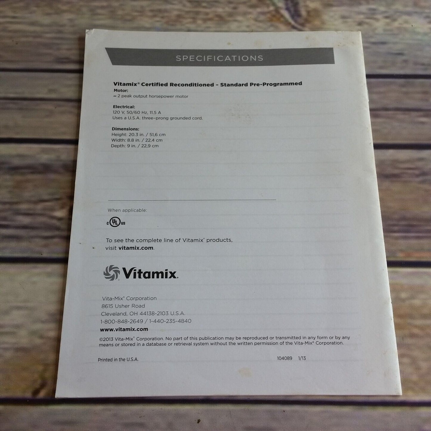 Vita Mix Manual VitaMix 2013 Paperback Booklet