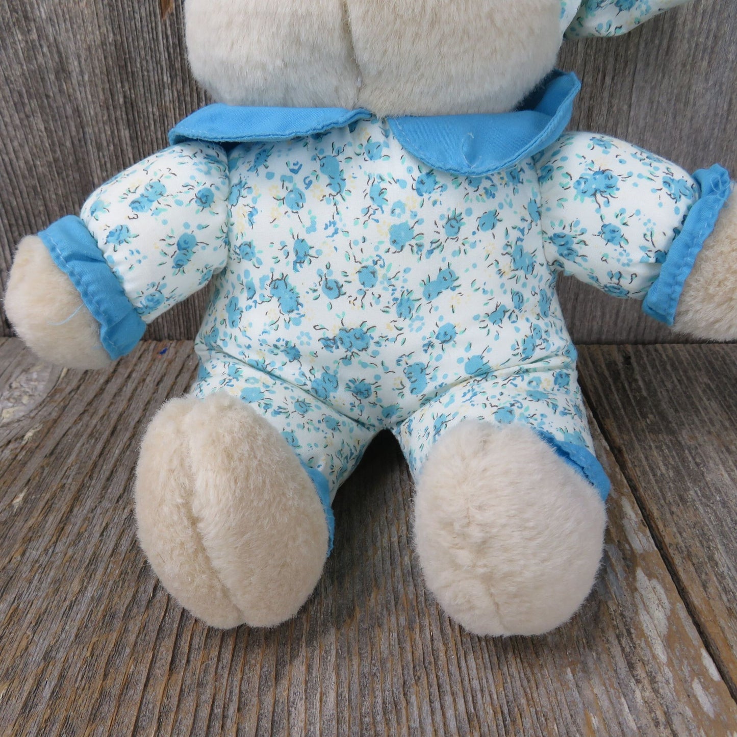 Teddy Bear Plush in Pajamas Tan Blue Flowers Nightcap Brown Plastic Nose Stuffed Animal