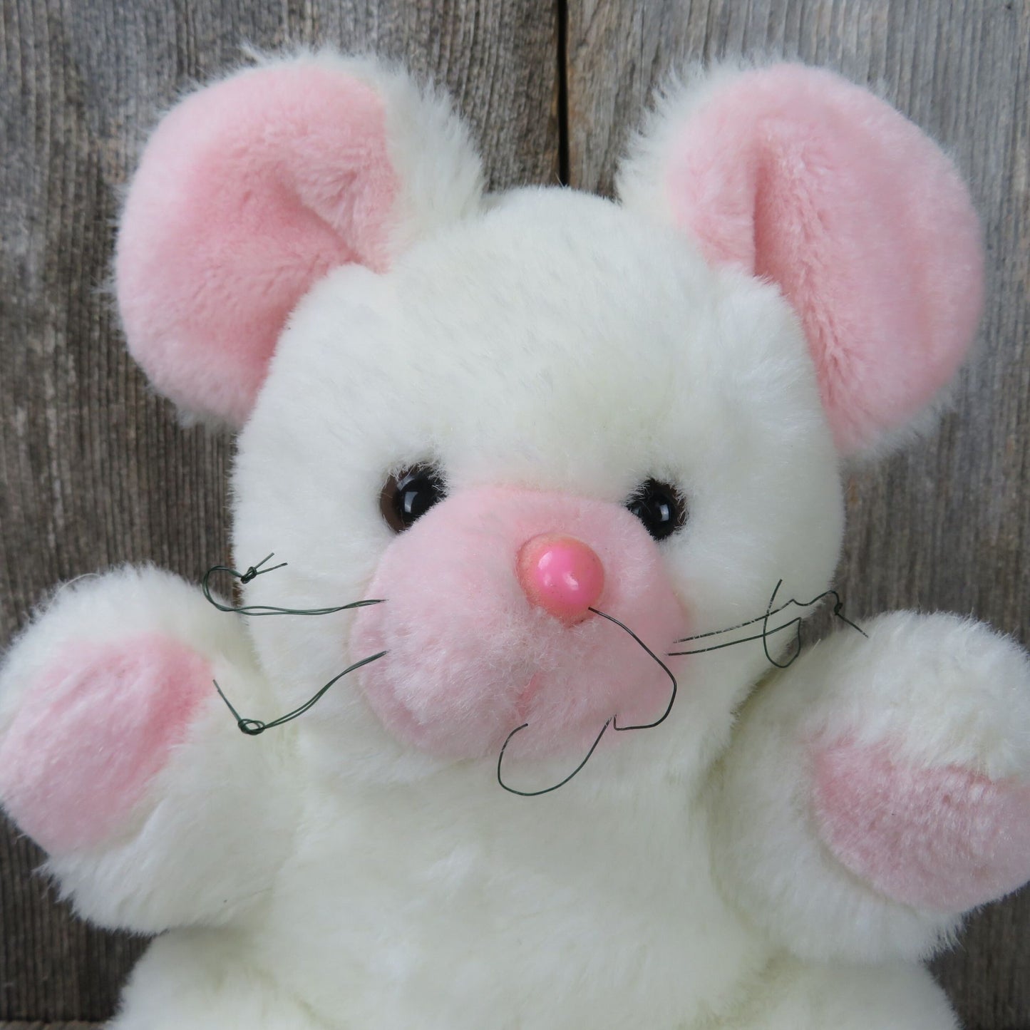 Vintage White Mouse Plush Pink Nose Paws Ears Whiskers Stuffed Animal