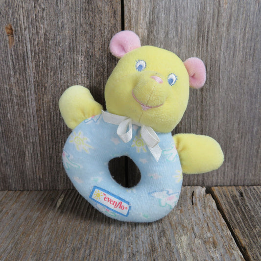 Vintage Bear Rattle Ring Evenflo Yellow Blue Soft Plush Baby Toy Stuffed Animal