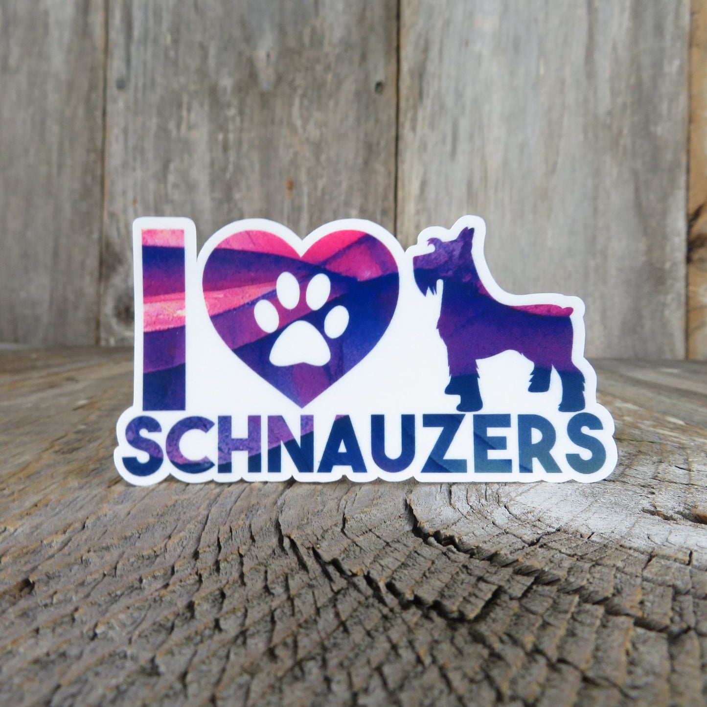 I Love Schnauzers Sticker I Heart Dog Lover Purple Pink Blue Paw Print Full Color