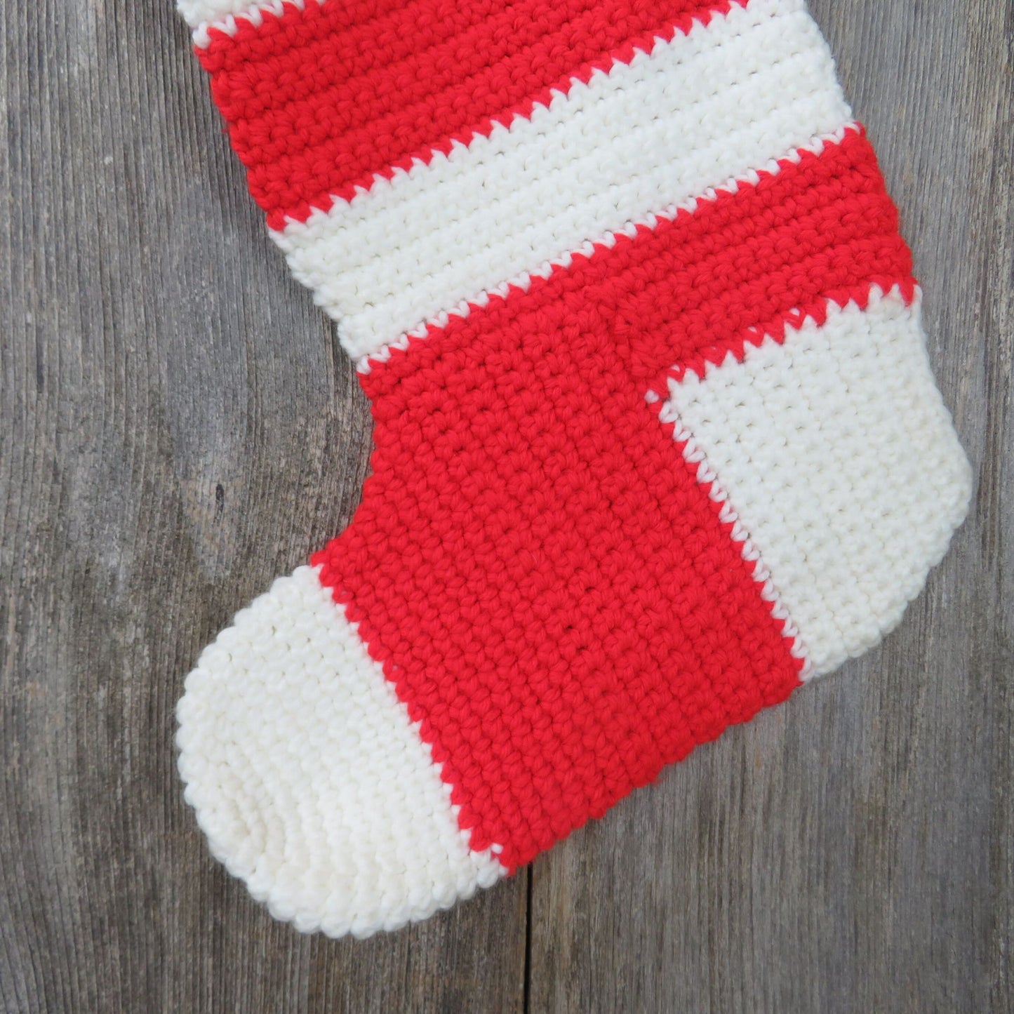 Crochet Christmas Stocking Red White Striped Vintage Handmade