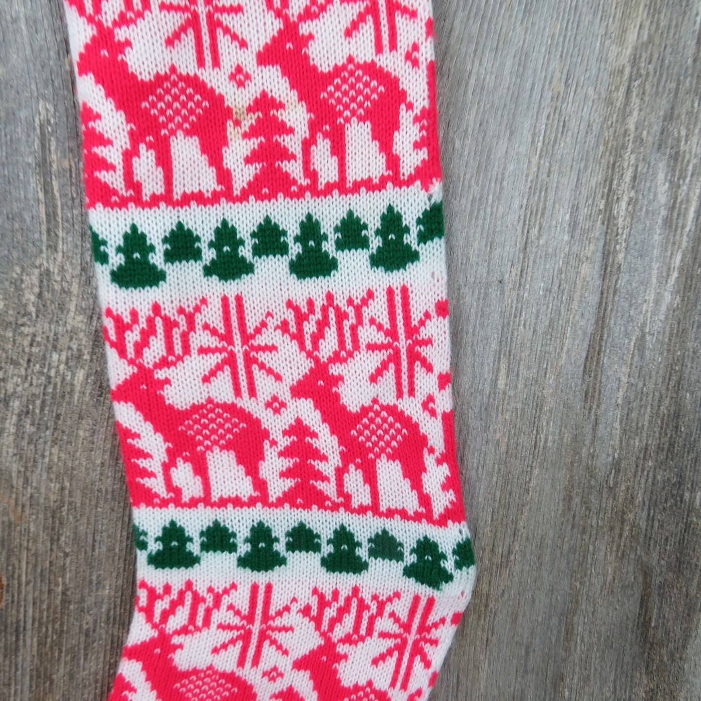 Reindeer Knit Christmas Stocking Knitted White Red Green 1980s Vintage Extra Long